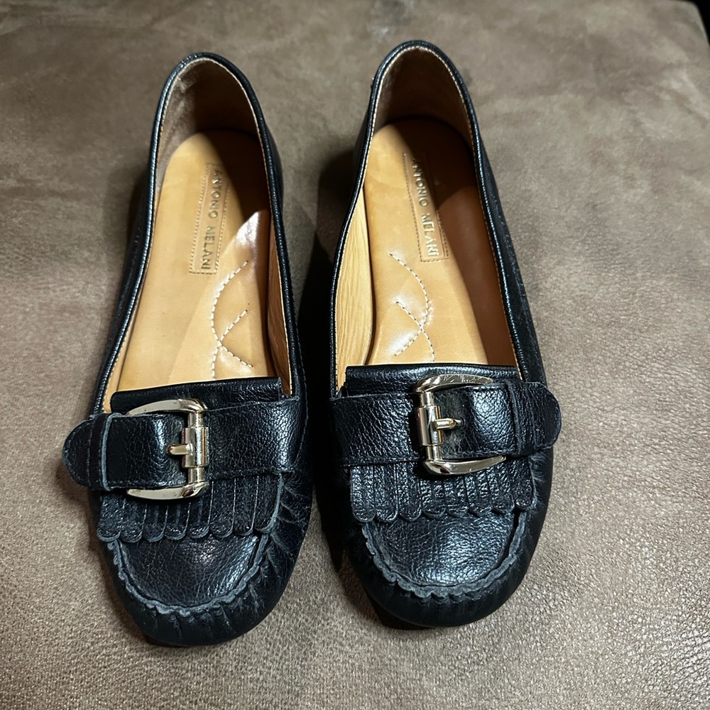 ANTONIO MELANI Black Leather Flats with Textured Finish